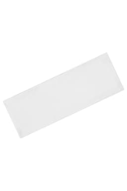 A white running headband displayed flat, featuring a logo or branding on its surface.