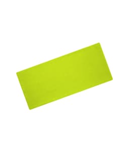 A bright green bio cotton headband laid flat, featuring a logo.