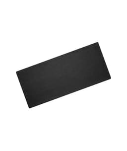 A black rectangular mat with a textured surface, featuring a logo in one corner.