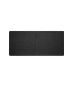 A dark grey headband made from bio cotton, featuring a logo at one end.