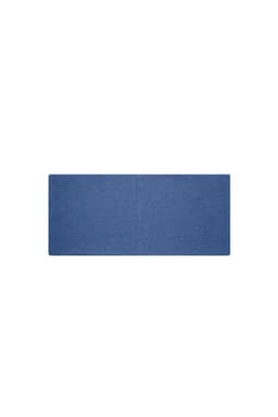 A blue bio cotton headband displayed flat, featuring a logo on one side.