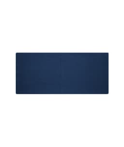 A navy blue headband made of bio cotton, featuring a logo at one end.