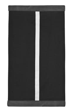 A black scarf with a white stripe down the centre and grey trim, featuring branding on the fabric.