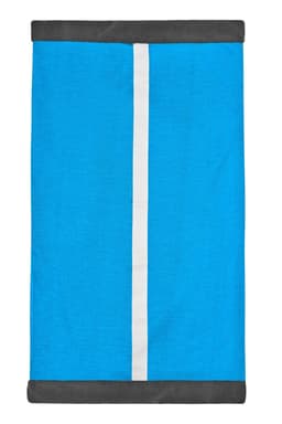A bright blue Winter X-Tube scarf with grey trim and a central white stripe. Features a logo.