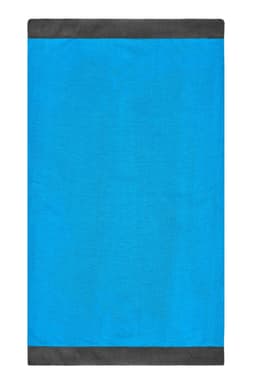 A bright blue scarf with dark grey borders, featuring a logo at one end.