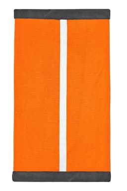 An orange scarf with a white stripe down the centre and grey trim, featuring a branding logo.