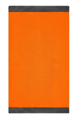 An orange scarf with grey trim and a logo.