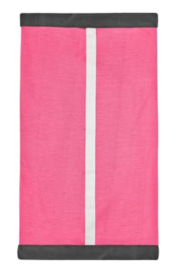 A pink and grey Winter X-Tube scarf with a white stripe down the centre, featuring a logo.