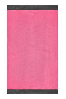 A pink scarf with black edges, designed as a winter accessory. It has a logo at one corner.