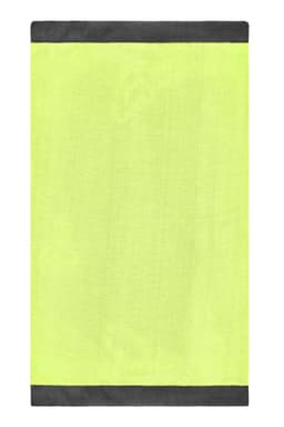 A bright yellow scarf with dark grey borders, featuring a logo. Ideal for winter accessories.