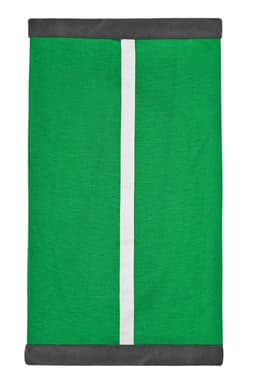 A green scarf with a white stripe and grey trim, featuring a logo on one side.
