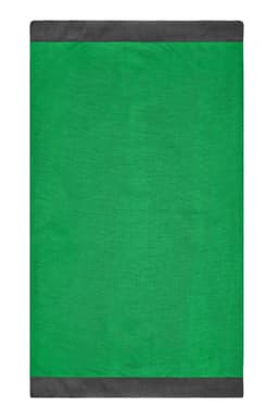 A green scarf with a dark grey border, featuring a logo at the edge.