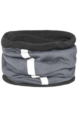 A grey and black Winter X-Tube scarf with a soft, textured design and a white stripe. Features a logo.