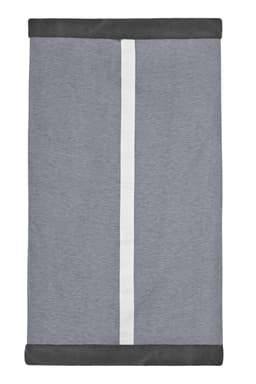 A grey scarf with a white centre stripe and darker grey ends. It features a logo.