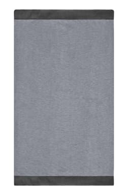 A grey scarf with darker grey borders, featuring a subtle textured pattern. It has a logo in one corner.