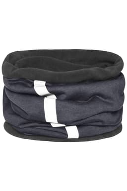 A grey and black fleece scarf featuring a white stripe design and a soft, textured fabric. It has a logo.