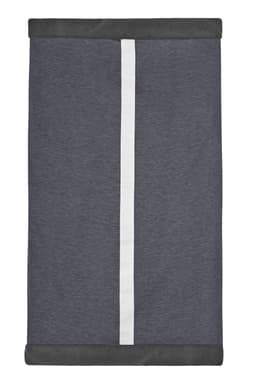 A grey scarf with a white central stripe, featuring a logo on one side.