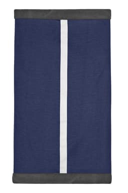 A navy blue scarf with a white stripe and grey borders, featuring a logo. Suitable for winter wear.