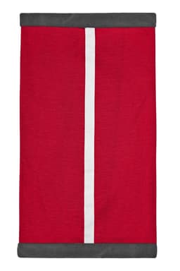 A red Winter X-Tube scarf with a white stripe down the centre and grey borders. It features a logo.