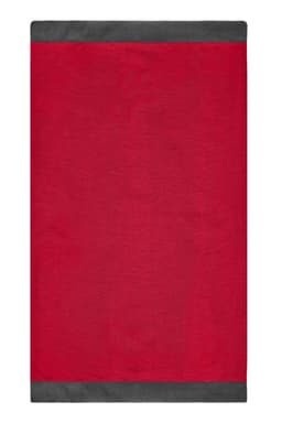 A red scarf with a grey border, featuring a logo on one side.