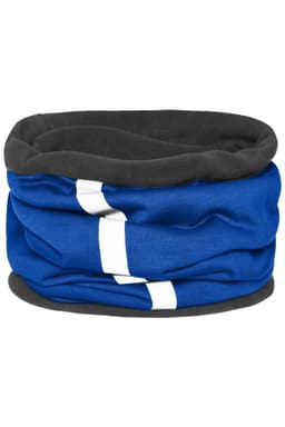 A blue and grey Winter X-Tube scarf featuring a soft, stretchy design and a branding logo.