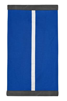 A blue scarf with grey edges and a white stripe running down the centre. It features a branding logo.
