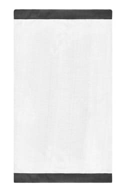 A white scarf with black borders, designed as a clothing accessory. It features a logo.
