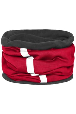 A red and grey Winter X-Tube scarf with a soft, multi-layered design and a logo.