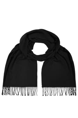 A black elegant scarf with fringed edges, designed as a stylish clothing accessory.