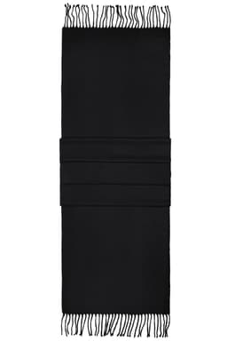 A black elegant scarf with fringed edges, neatly folded and secured with a band. It features a simple, classic design.