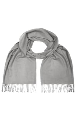 A grey elegant scarf with fringed ends, designed as a stylish clothing accessory.