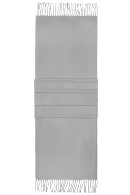 A grey elegant scarf with fringed ends and pleats, featuring a logo. Ideal for stylish layering.