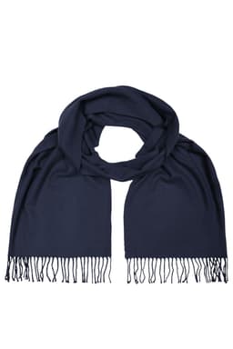 A dark navy elegant scarf with fringed ends, showcasing a soft and luxurious texture. It features a subtle branding logo.