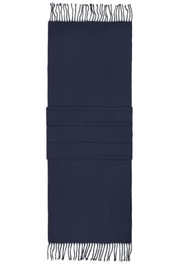 A navy blue elegant scarf with fringe detailing and folded sections. It features a simple logo.
