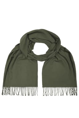 An elegant olive green scarf with fringed edges, featuring a soft, textured fabric. It includes a logo.