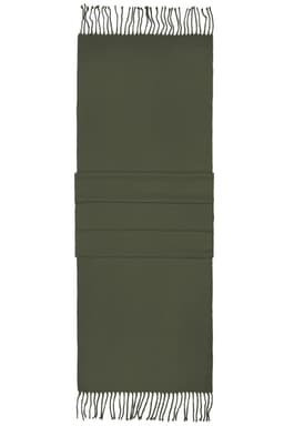 An elegant dark green scarf with fringed edges, featuring folds for a stylish design.