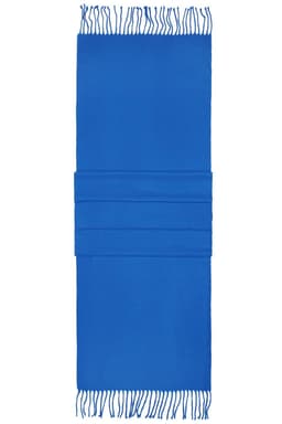 A blue elegant scarf with fringed edges and three textured folds at the centre. It features a logo on the fabric.