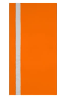 An orange sunshade with a reflective white stripe down the middle. It has a branding logo.