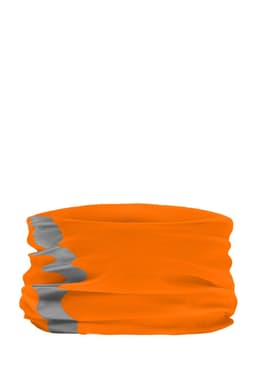 An orange sunshade with a silver design, featuring a stretchy material and a seamless tubular shape.