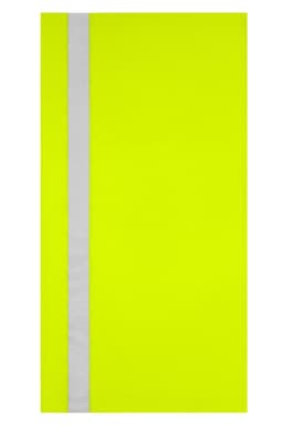 A bright yellow sunshade featuring a reflective grey stripe. It has a plain design and includes branding.