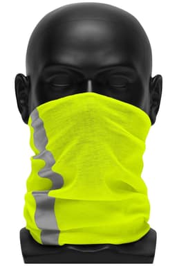 A bright yellow neck gaiter on a black mannequin head, featuring reflective grey stripes.