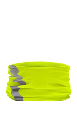 A bright yellow multifunctional headwear piece with grey accents, featuring a soft, stretchy fabric.