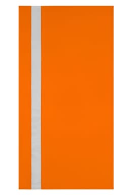 An orange sunshade featuring a white stripe, designed for leisure and outdoor use, with a branding logo.
