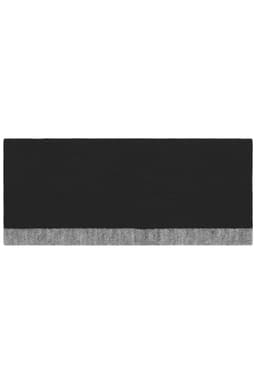 A reversible headband in black with a grey trim, featuring a logo on one side.