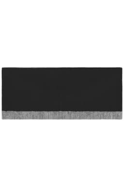 A reversible headband in black with a grey bottom section, featuring a simple design and a logo.