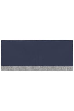 A reversible headband in navy blue with a grey textured band at the bottom. It features a logo.