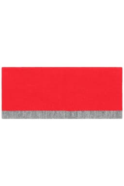 A reversible headband in bright red with a grey trim, featuring a logo on one side.