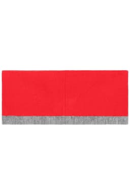 A reversible headband in bright red with a grey knitted stripe at the bottom. It features a logo on one side.
