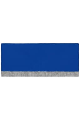 A reversible headband in blue with a grey trim. The fabric is smooth and versatile, featuring a logo.