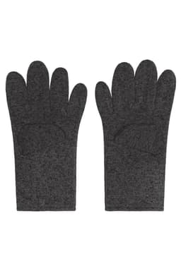 A pair of grey fleece gloves with a textured finish and a logo on the wrist area.